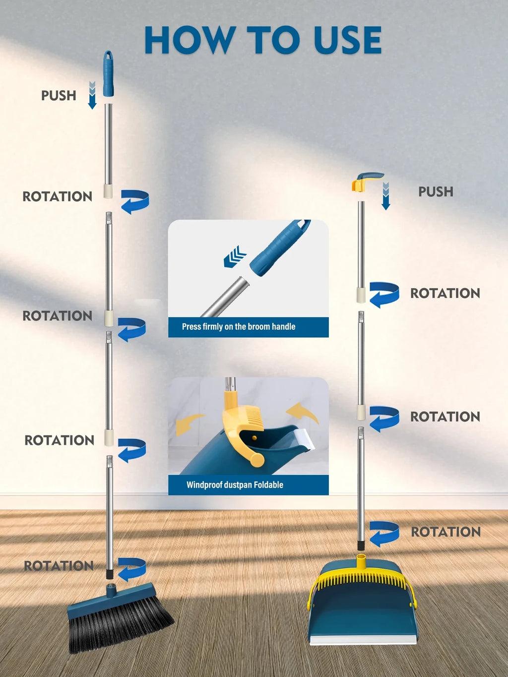 Upgrade Broom and Dustpan Set for Home,Self-Cleaning with Dustpan Teeth,51.2In,S