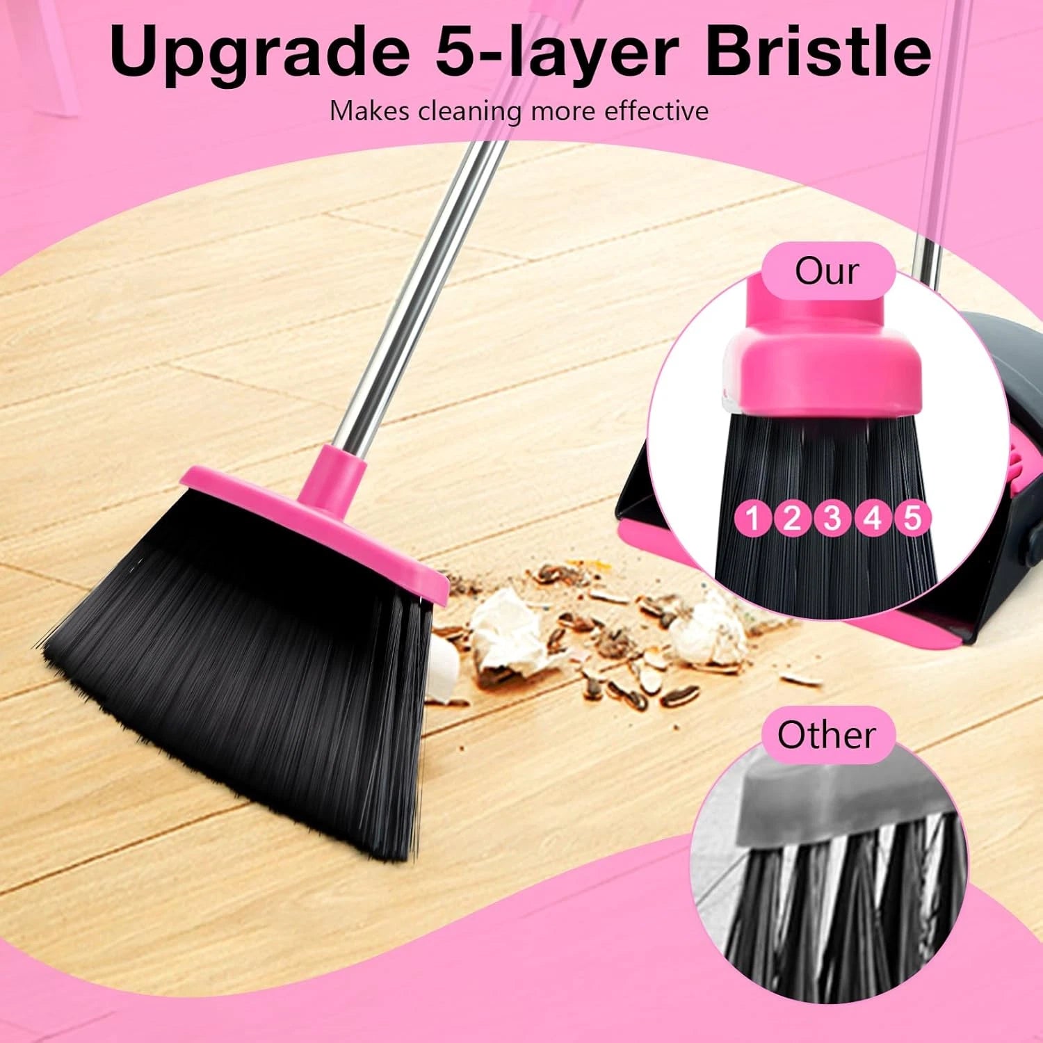 Broom and Dustpan Set, Long Handle Lightweight Dustpans with Broom Combo