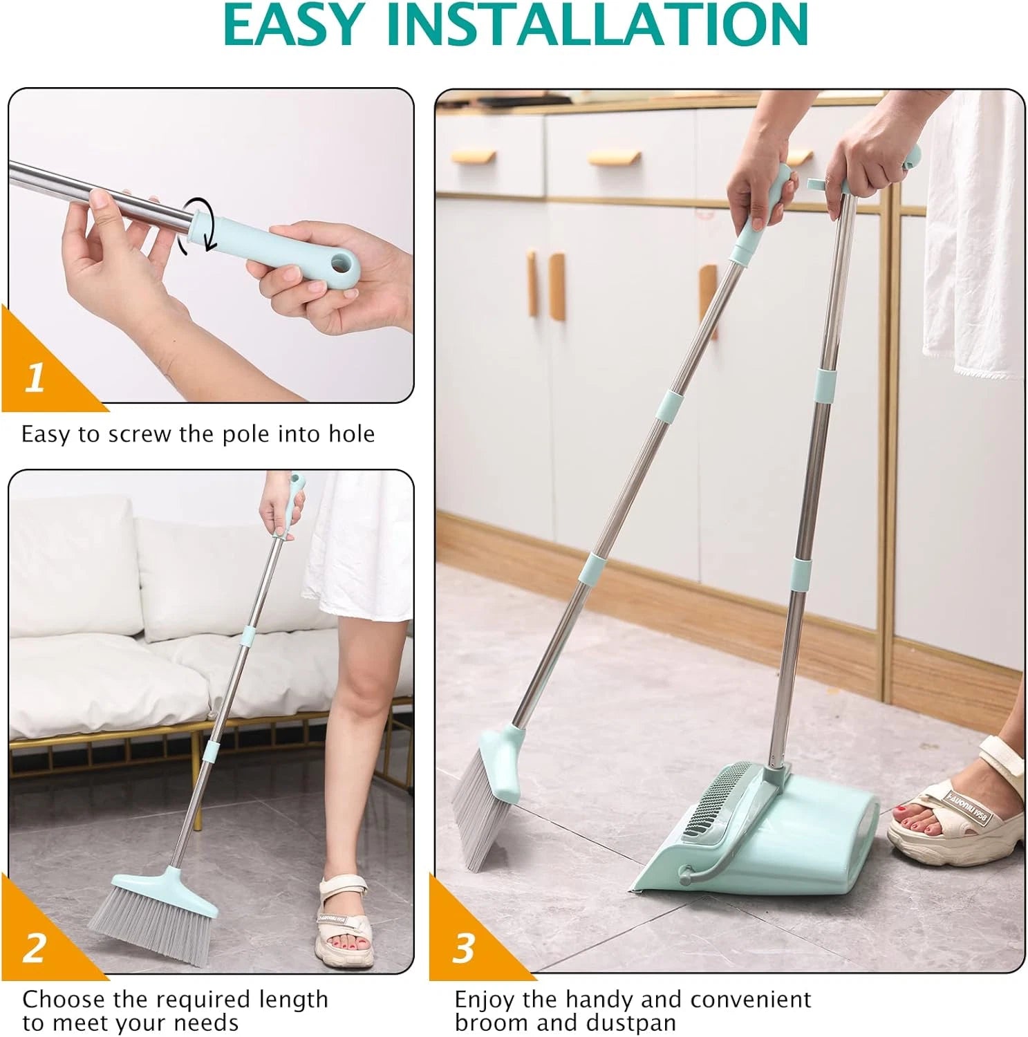 XXXFLOWER Broom and Dustpan Set with Cleaning Teeth, 55" Long Handle Indoor Swee