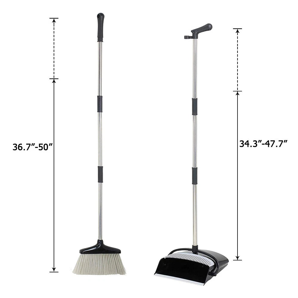 Rotatable Broom and Dust Pan Cleaning Set Dustpan Combo Upright Stand Up Black