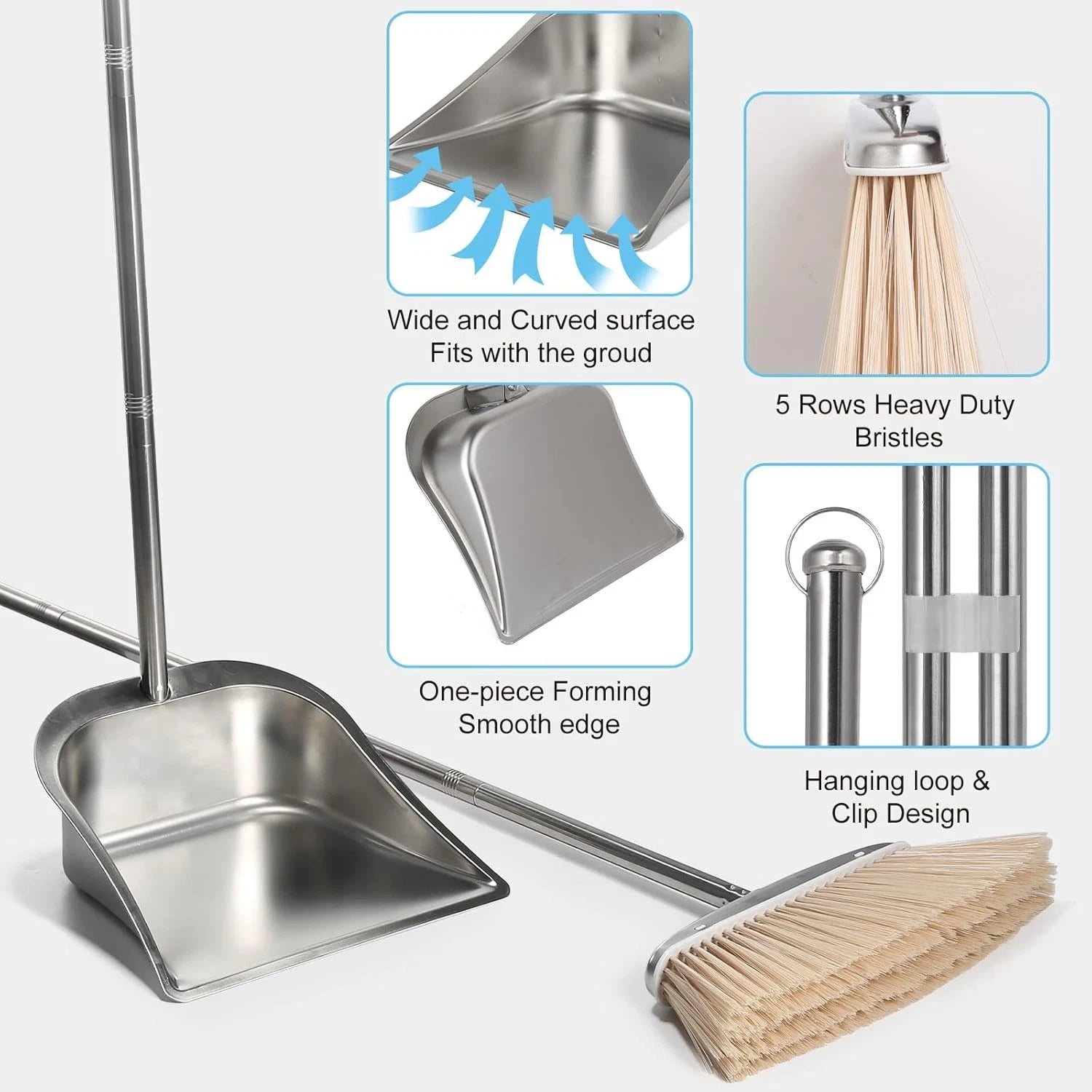 Broom and Dustpan Set for Home, Stainless Steel with Long Handle, Duty Dustpan