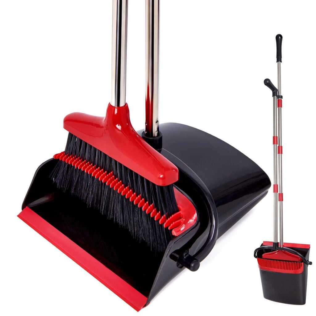 Broom and Dustpan Set with Long Handle Light Weight Stainless Steel Poles Stand