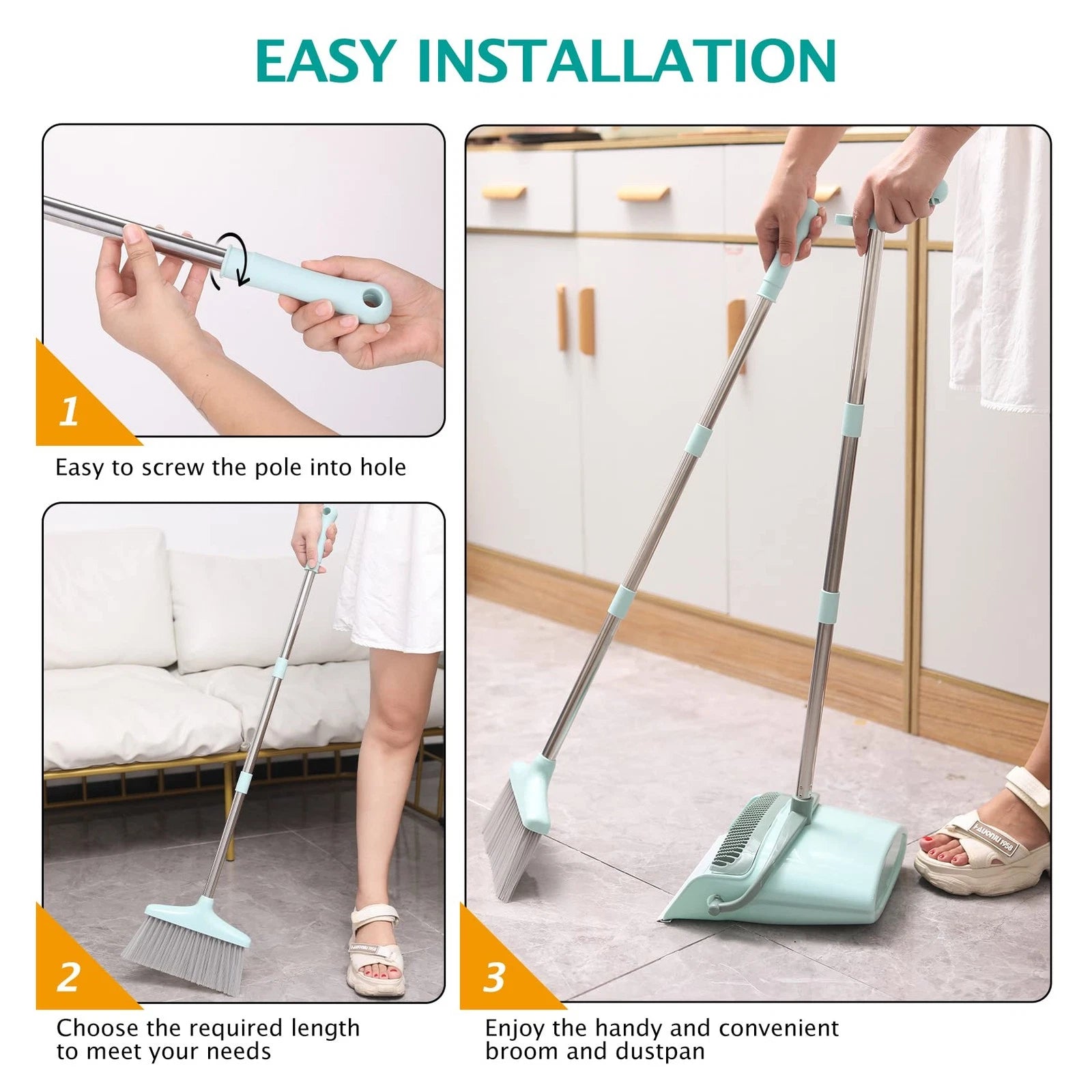 Broom and Dustpan Set with Cleaning Teeth, 55" Long Handle Indoor Sweeping Co...
