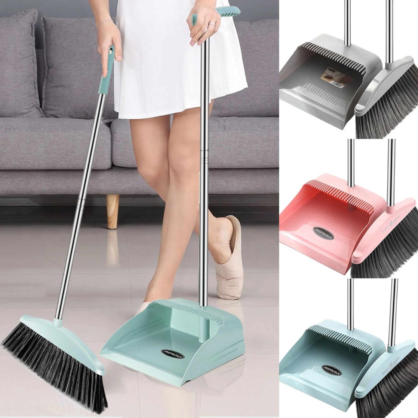 Broom And Dustpan Comb Set For Home Super Long Handle,Upright Standing Dustpan