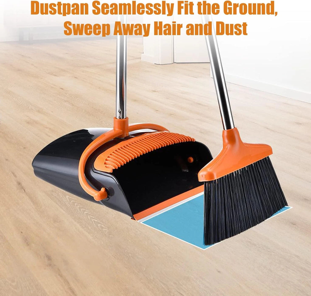 Broom and Dustpan Set with Long Handle, Windproof Stand up Dustpan with Broom Co