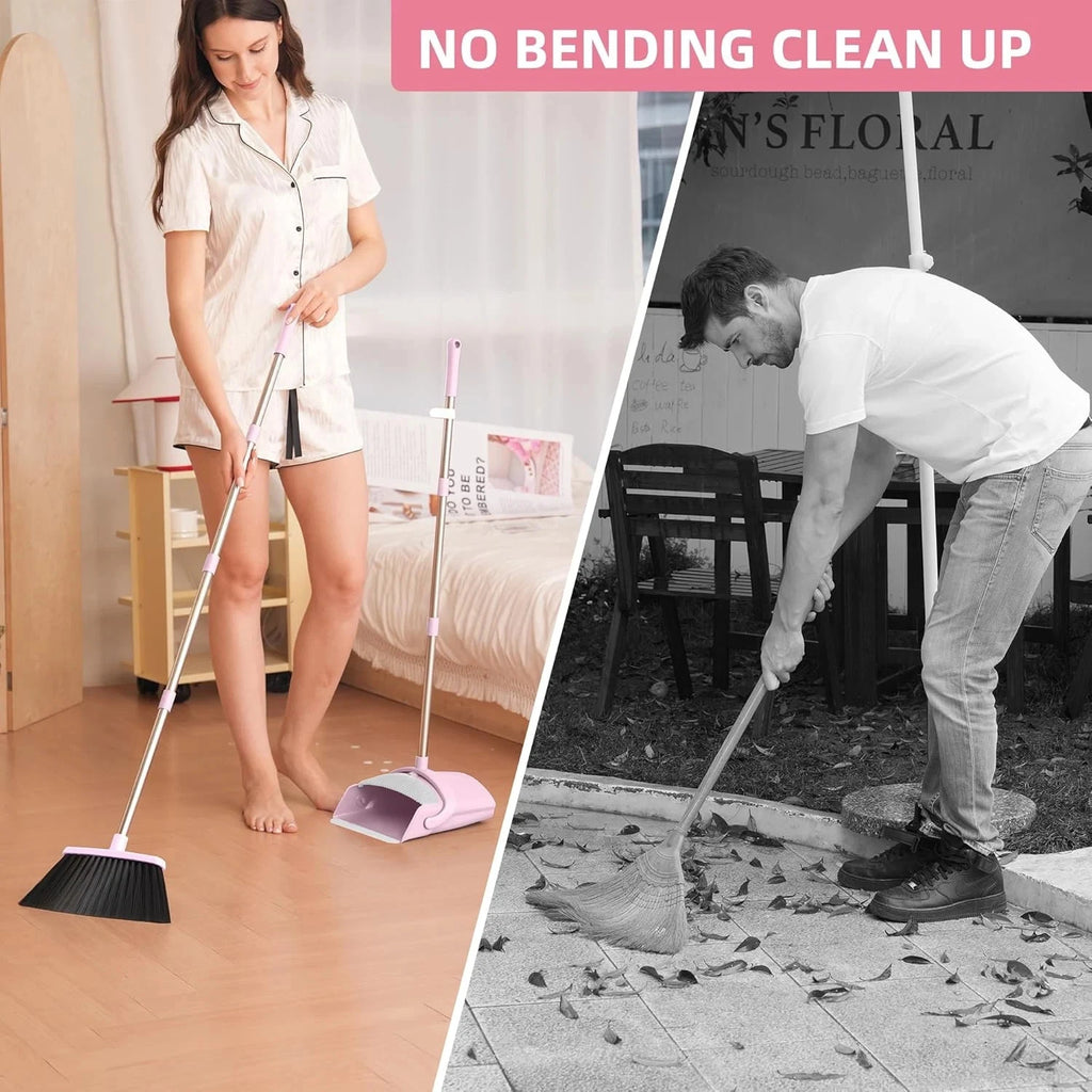 Pink Broom and Dustpan Set, 52” Long Adjustable Handle Broom with Dustpan Combo