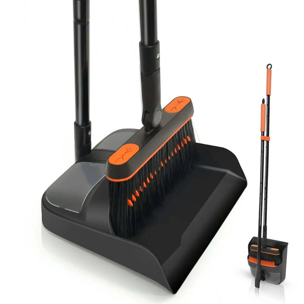 54 Inches Long Handle Broom and Dustpan Set for Home (Black Orange)
