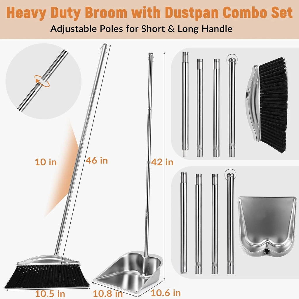 Broom with Dustpan Combo Set, 46" Stainless Steel Broom and Dustpan Set for Home