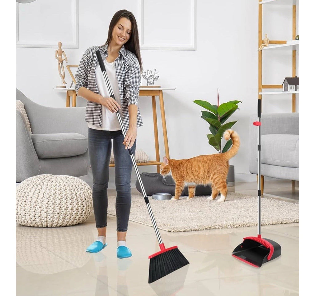 Broom and Dustpan Set, 52-In Long Adjustable Handle Broom Dustpan Combo with Dus