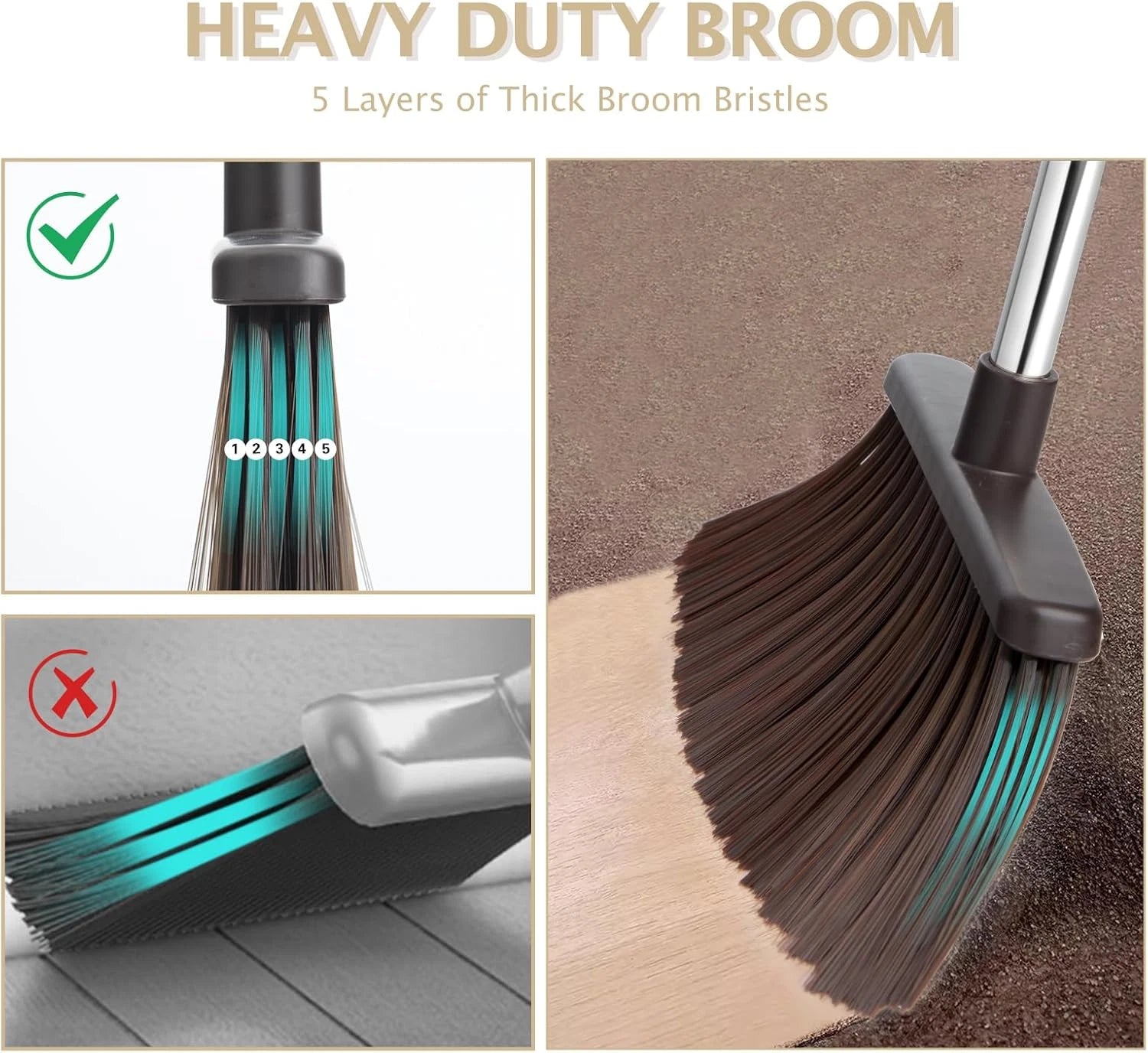 Broom and Dustpan Set Long Handle Heavy Duty Home Kitchen Office Pet Hair Beige
