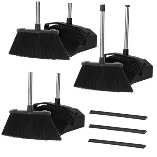 3-Pack Upright Broom with Dustpan Combo Set, Commercial Broom and 1 All Black