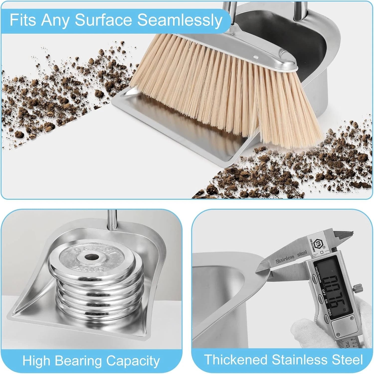 Broom and Dustpan Set for Home, Stainless Steel with Long Handle, Duty Dustpan