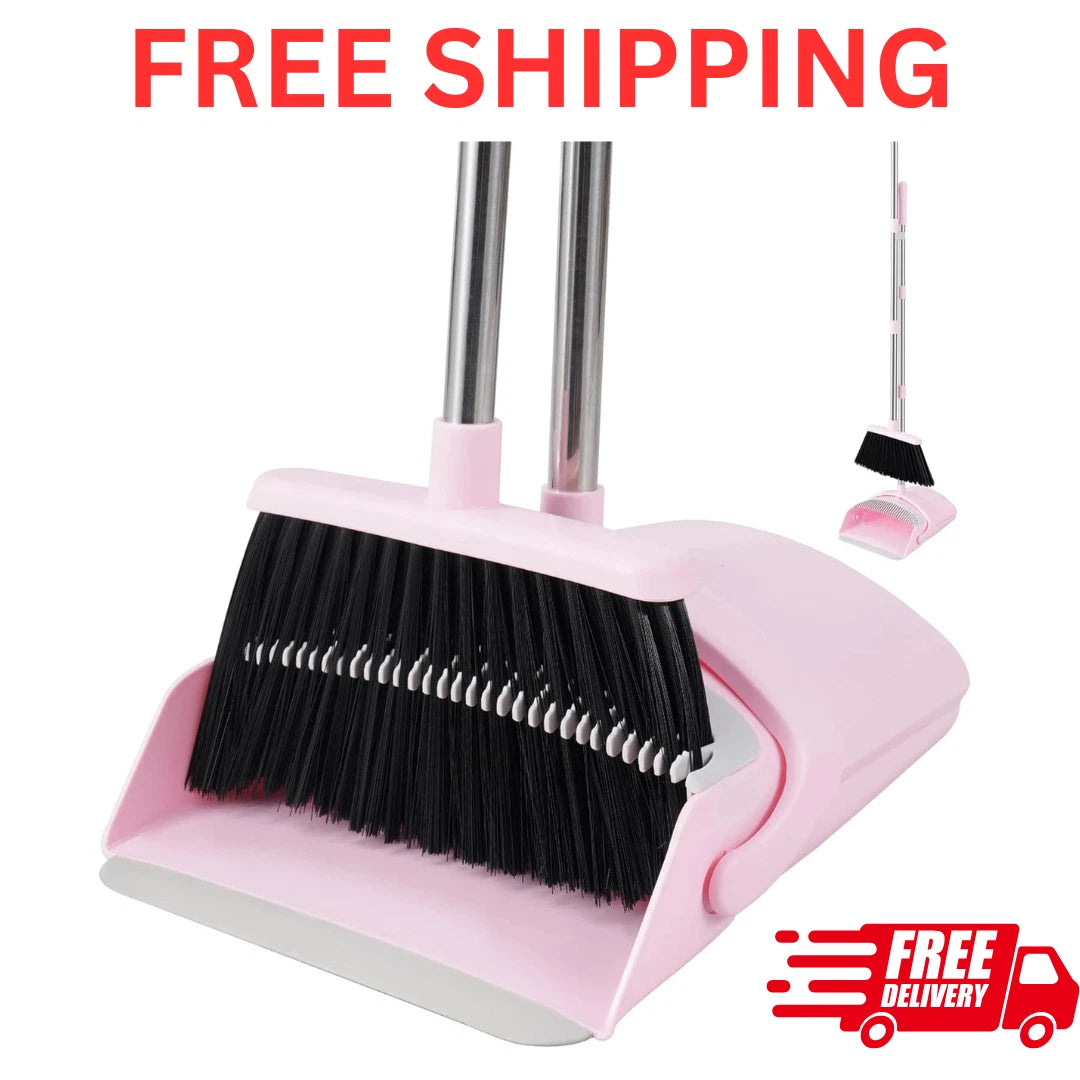 Pink Broom and Dustpan Set, 52” Long Adjustable Handle Broom with Dustpan Combo