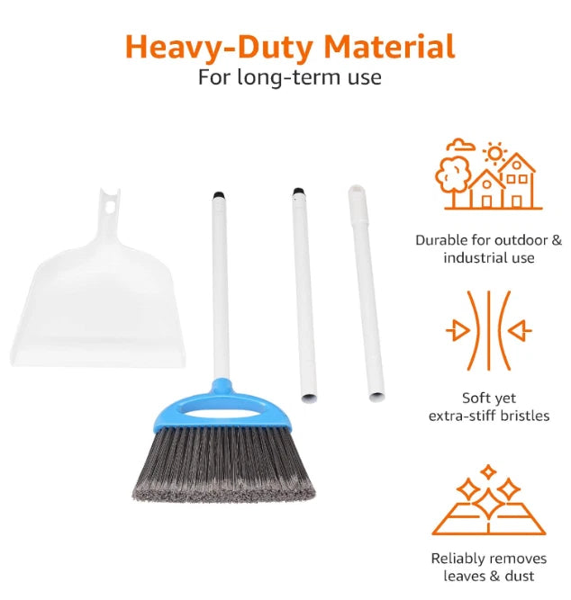 Dustpan and Broom Set with Long Handle, Easy Assembly, Blue White