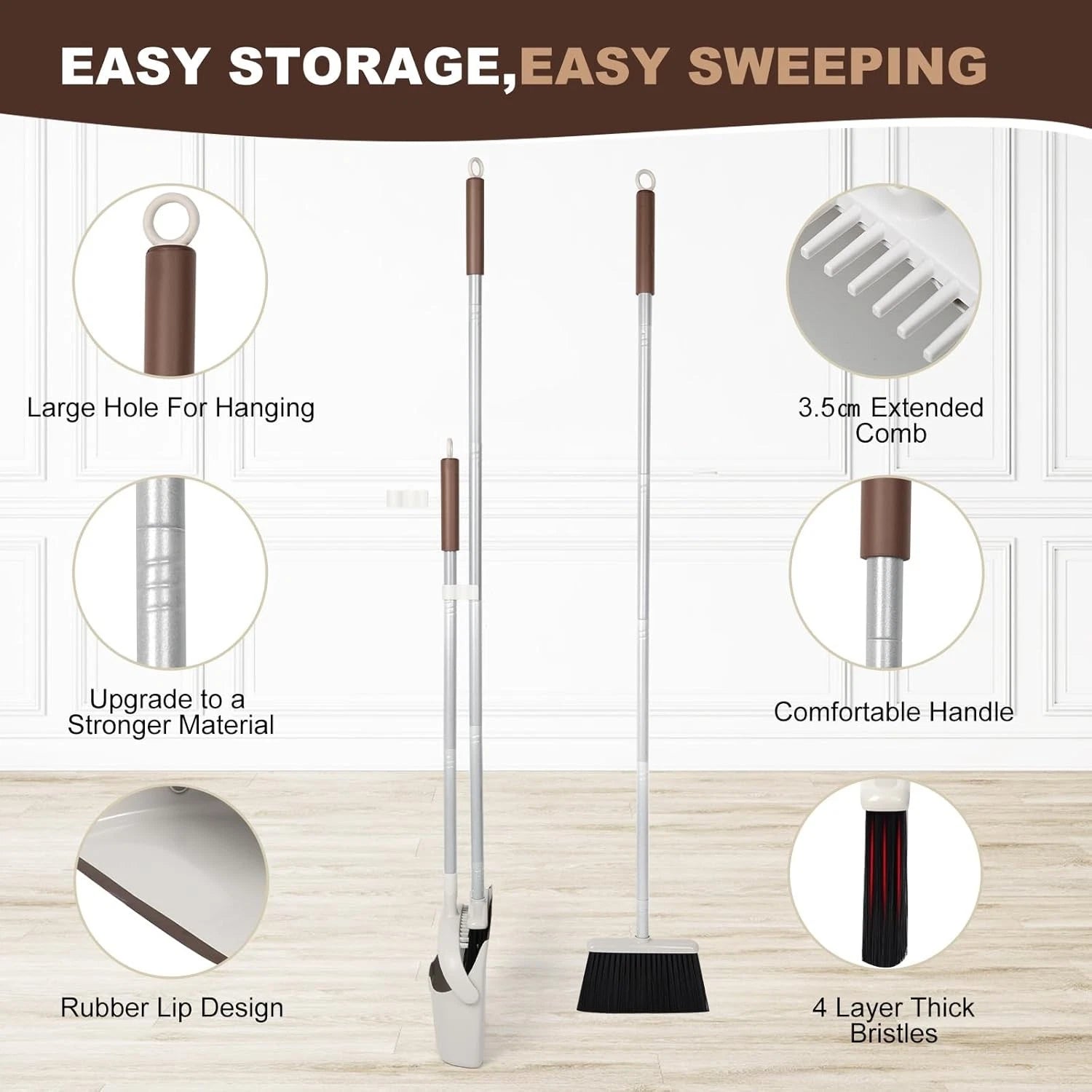 Broom & Dustpan Set - 54" Long Handle, Upright Lightweight for Home/Kitchen