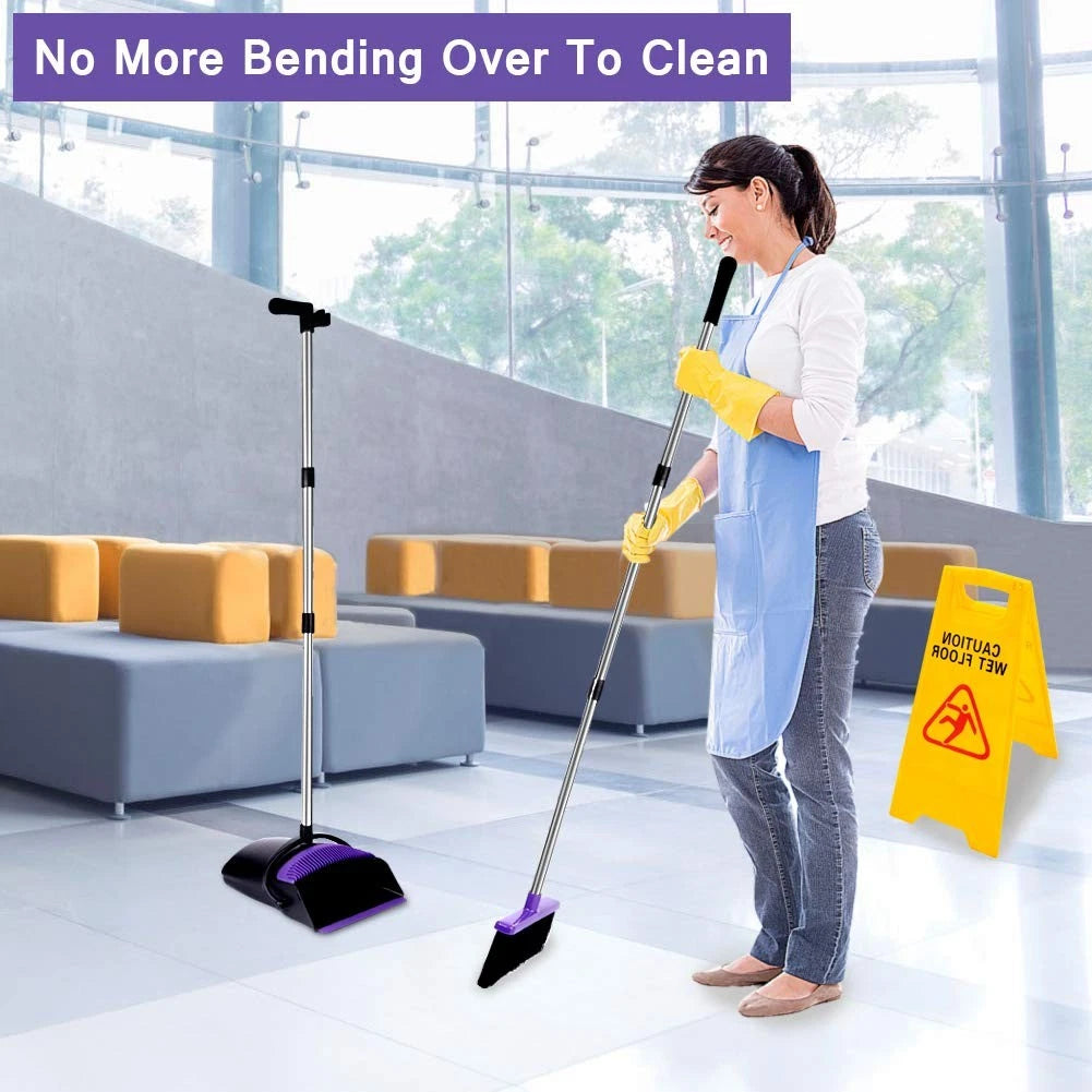 Broom and Dustpan Set, Upright Purple Broom with Dustpan Combo Set 51" Long H...