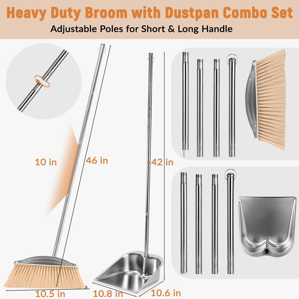 Broom With Dustpan Combo Set 46" Stainless Steel Broom And Dustpan Set For Home