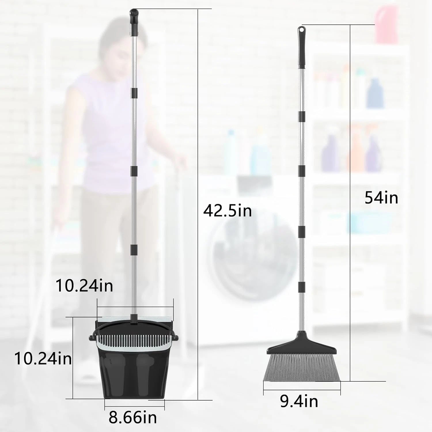 Broom with Dustpan Combo Set (54”) Long Handle Household Dust Pan for Home Offic
