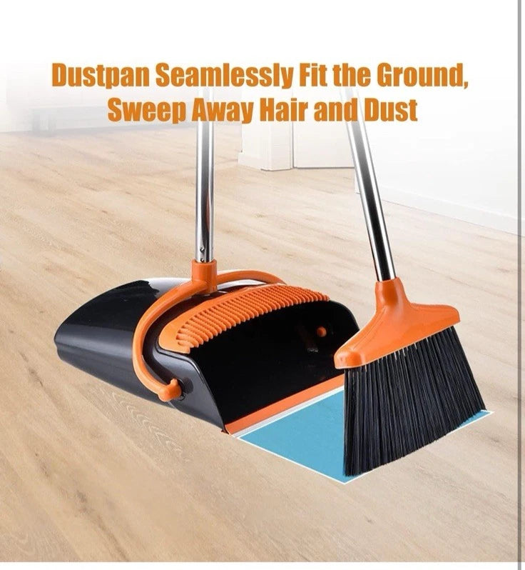Broom and Dustpan Set, Self-Cleaning, Indoor Outdoor Use, Black/Orange