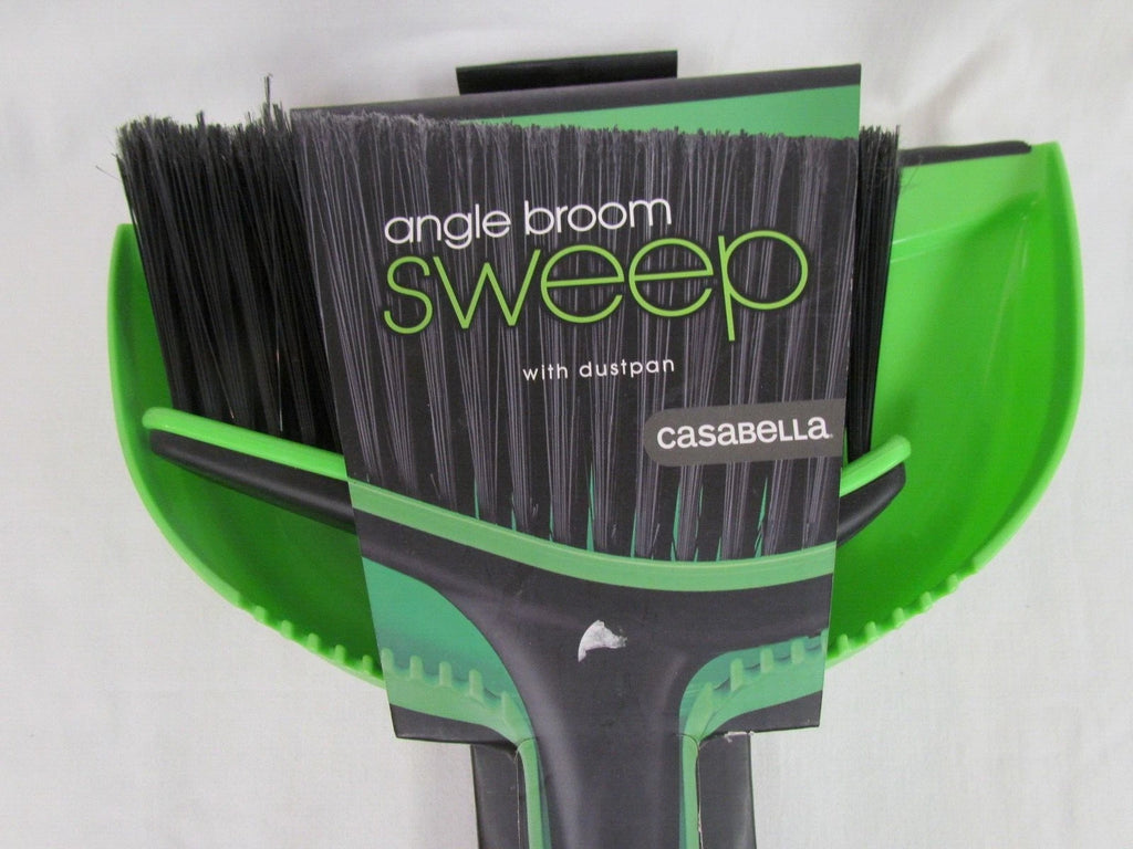 Casabella Basics 3-Piece Angled Broom and Dustpan Cleaning Set, Black/Green New