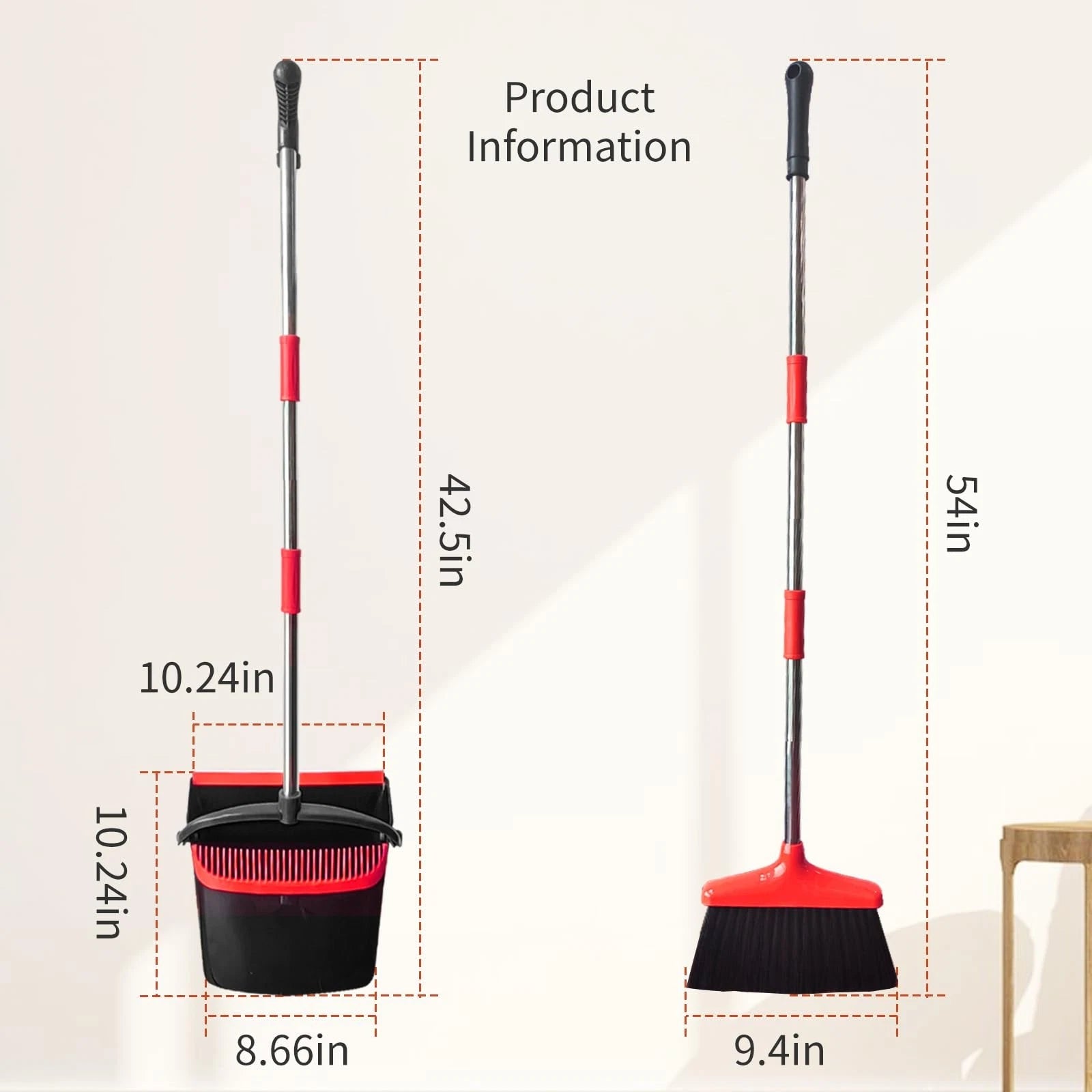 Broom with Dustpan Combo Set 54" Long Handle Adjustable Length Stainless Stee...
