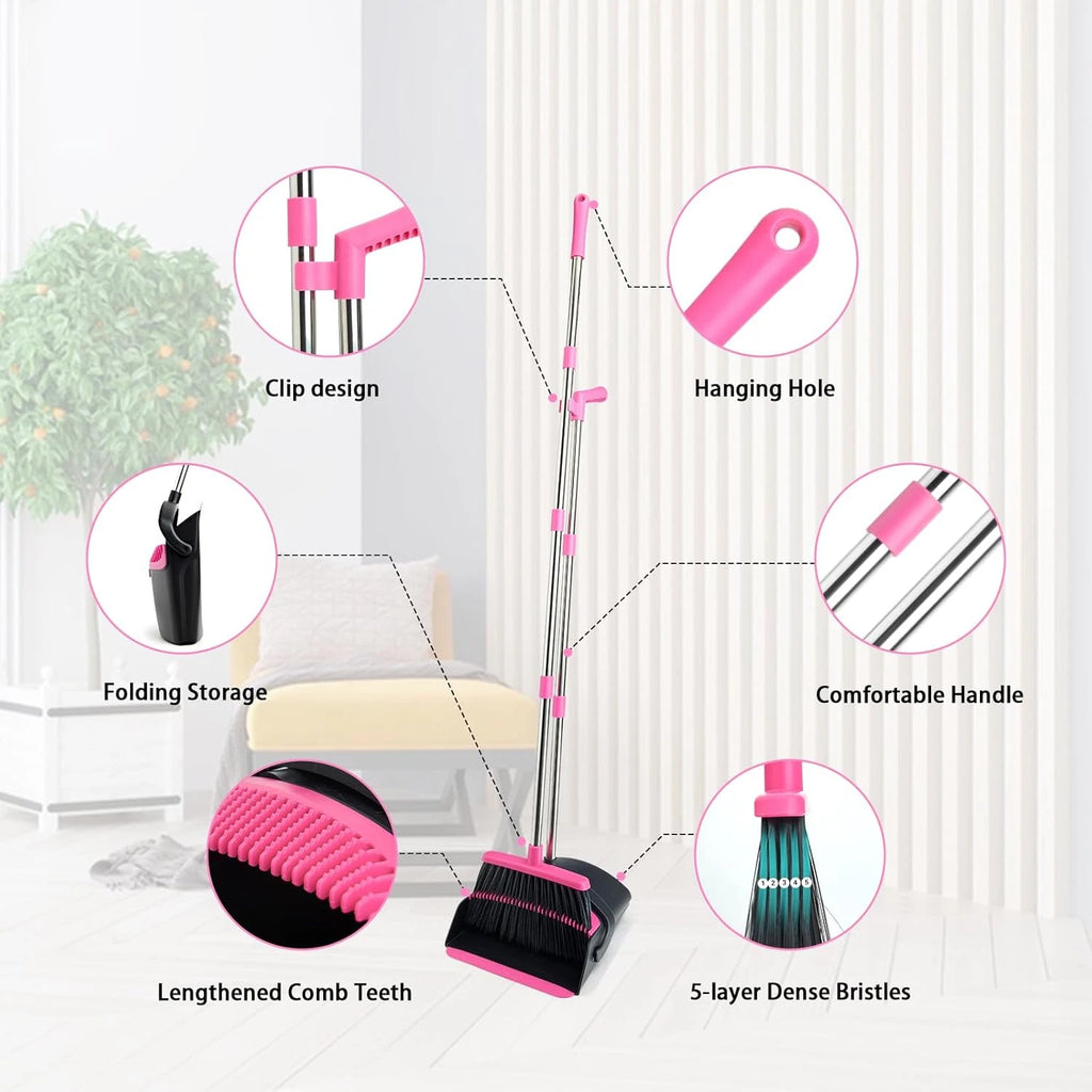 Broom and Dustpan Set, Long Handle Lightweight Dustpans with Broom Combo