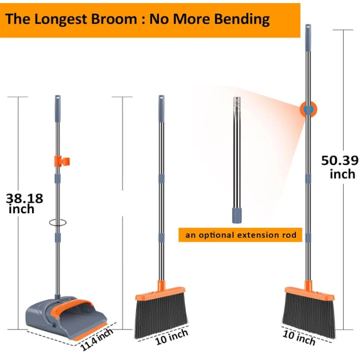 Broom and Dustpan Set, Self-Cleaning, Indoor Outdoor Use, Pets Home, Gray/Orange