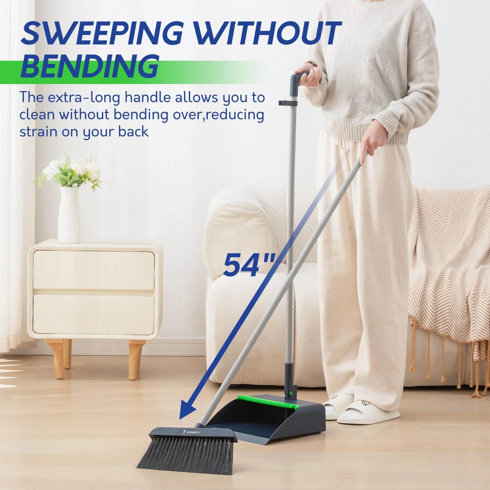 Broom and Dustpan Set with 54'' Adjustable Long Handle, Angled Broom with Dus...