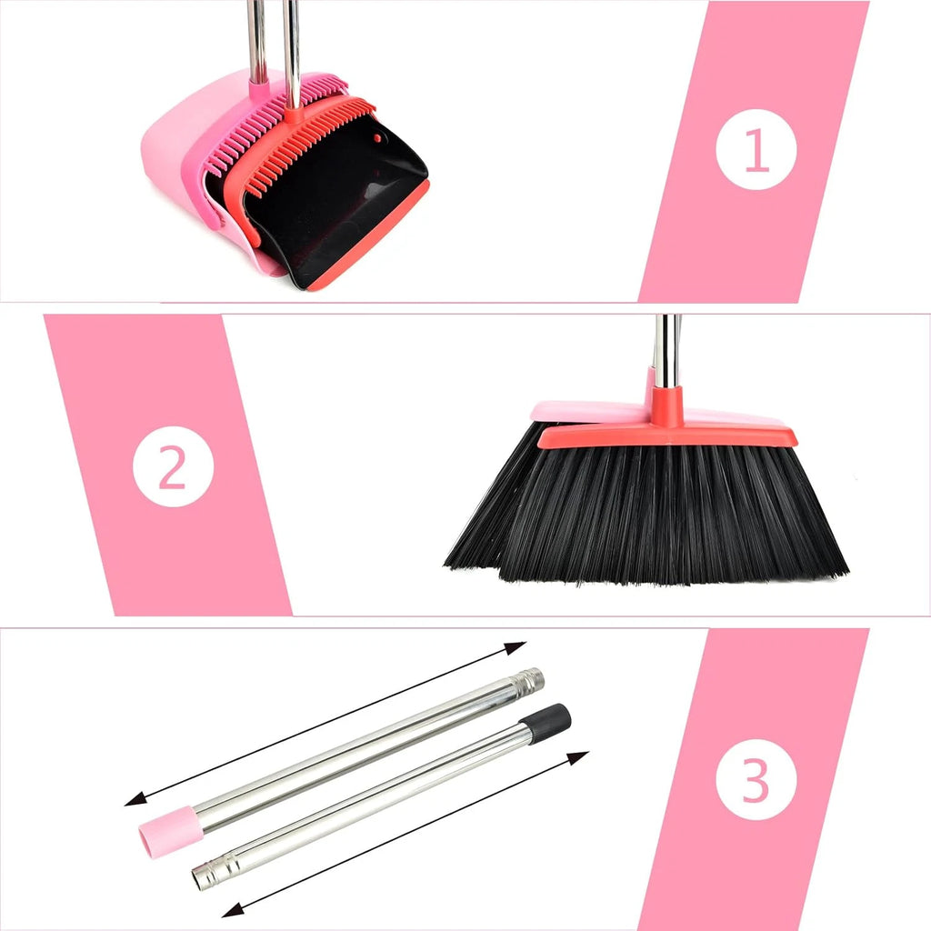 Pink Broom & Dustpan Set – Long Handle Heavy Duty Combo for Home & Office