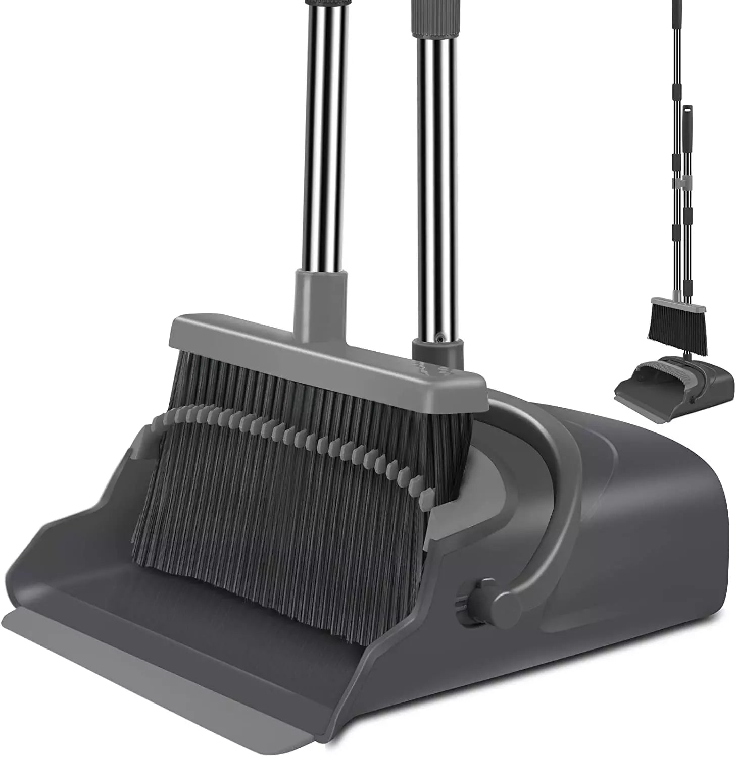 Stand-Up Broom and Dustpan Set for Home & Office - Black & Gray