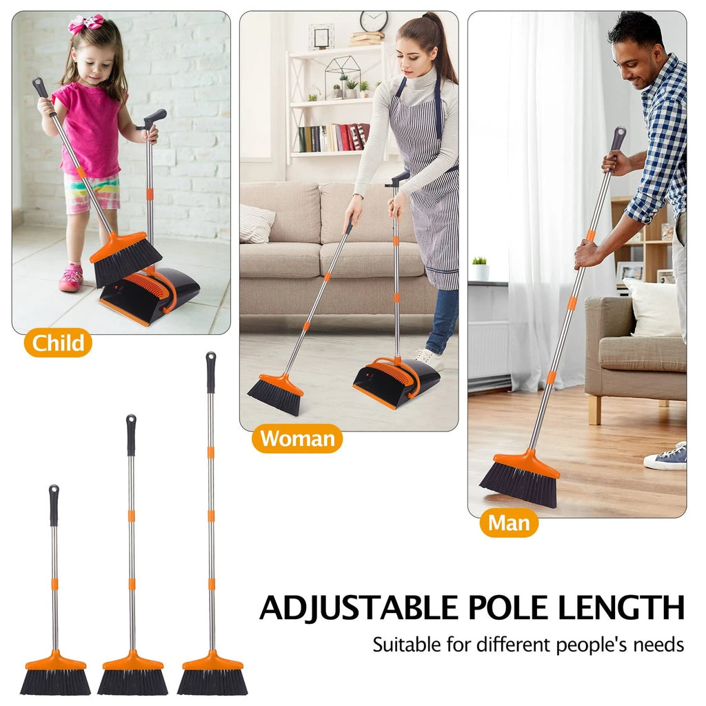 Broom and Dustpan Set with Long Handle Stainless Steel Poles Black/Orange