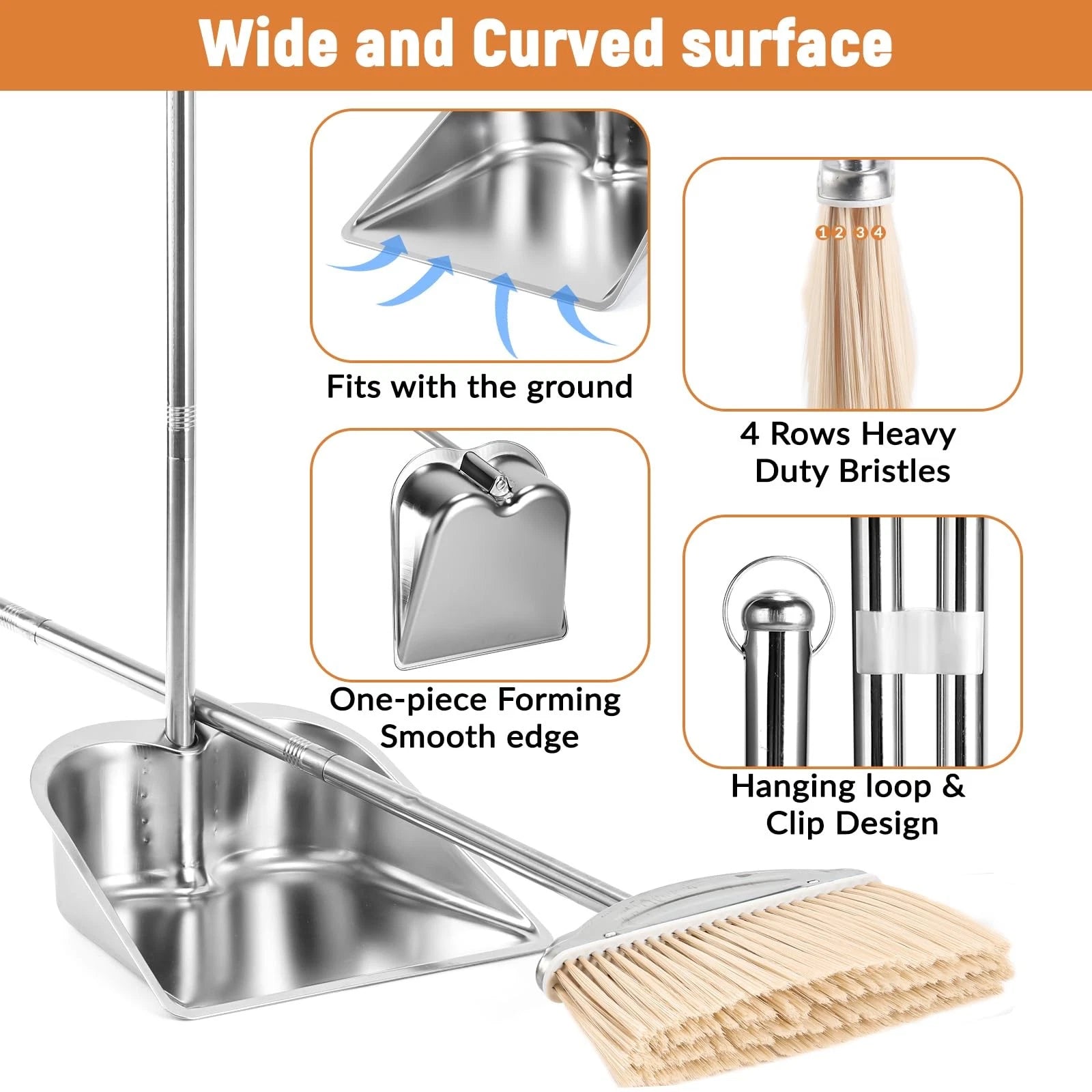 Broom With Dustpan Combo Set 46" Stainless Steel Broom And Dustpan Set For Home