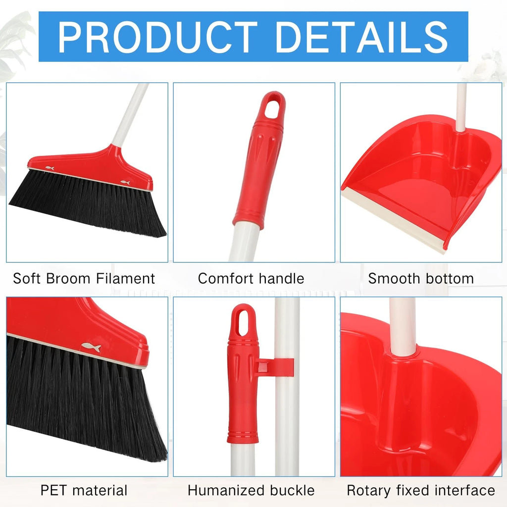 WILLBOND Set of 8 Broom and Dustpan Set Long Handle Broom with Upright Standing