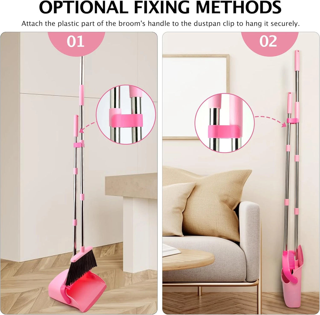 Pink Broom & Dustpan Set – Long Handle Heavy Duty Combo for Home & Office