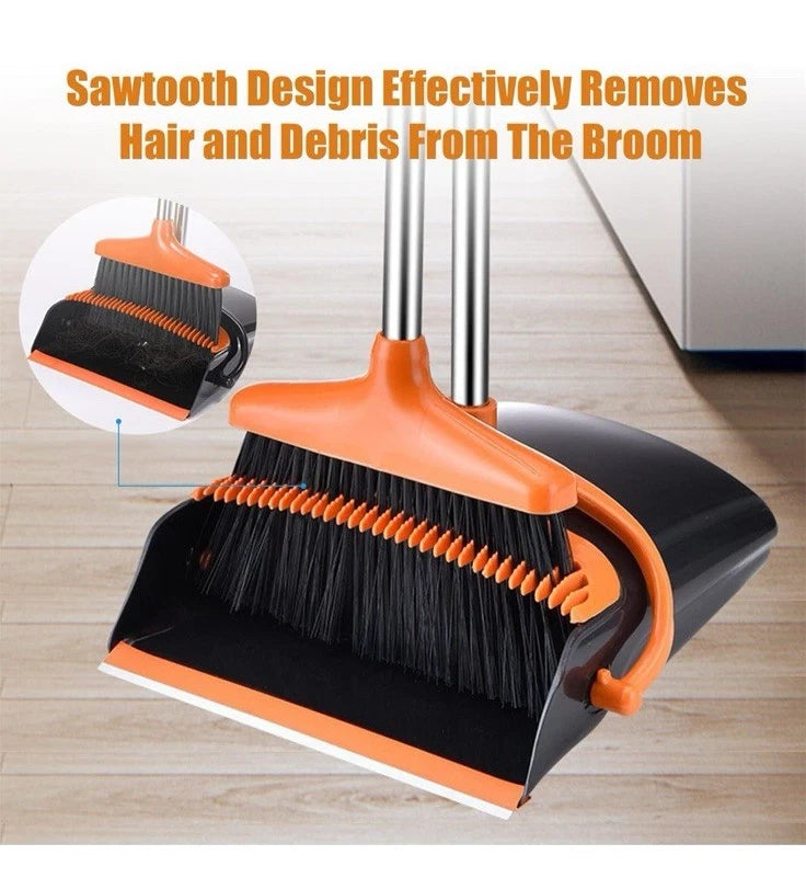 Broom and Dustpan Set, Self-Cleaning, Indoor Outdoor Use, Black/Orange