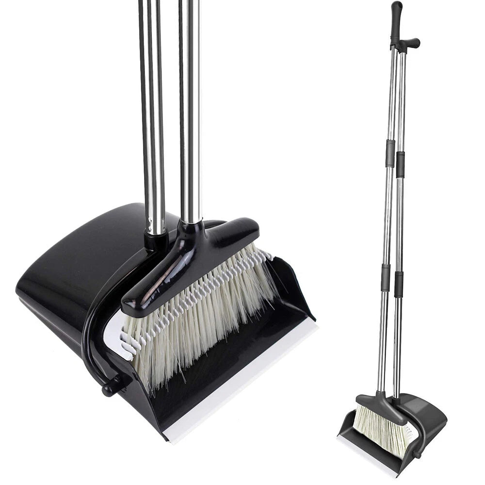 Rotatable Broom and Dust Pan Cleaning Set Dustpan Combo Upright Stand Up Black