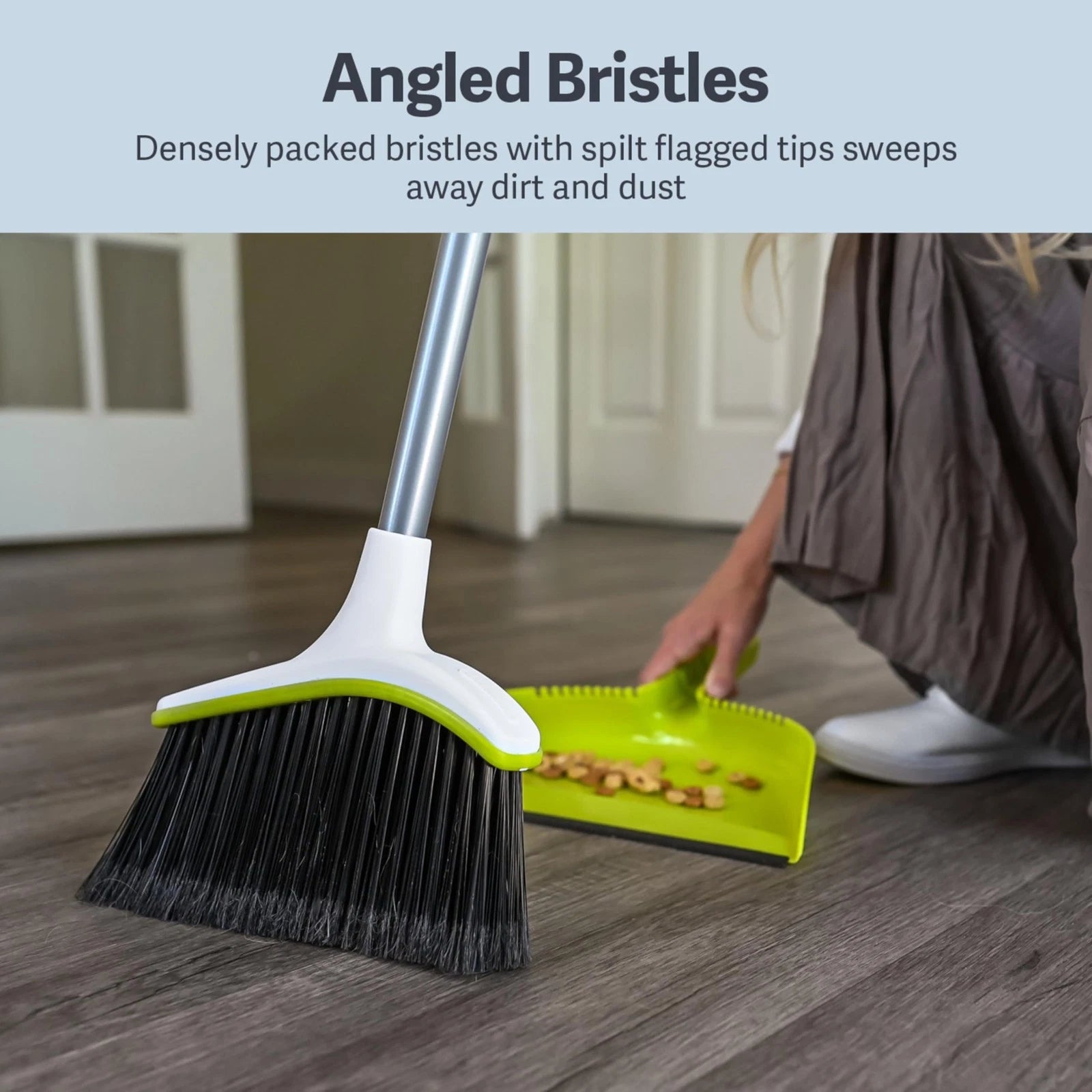 Casabella Basics Angled Set, Silver/Green, Broom with Dustpan