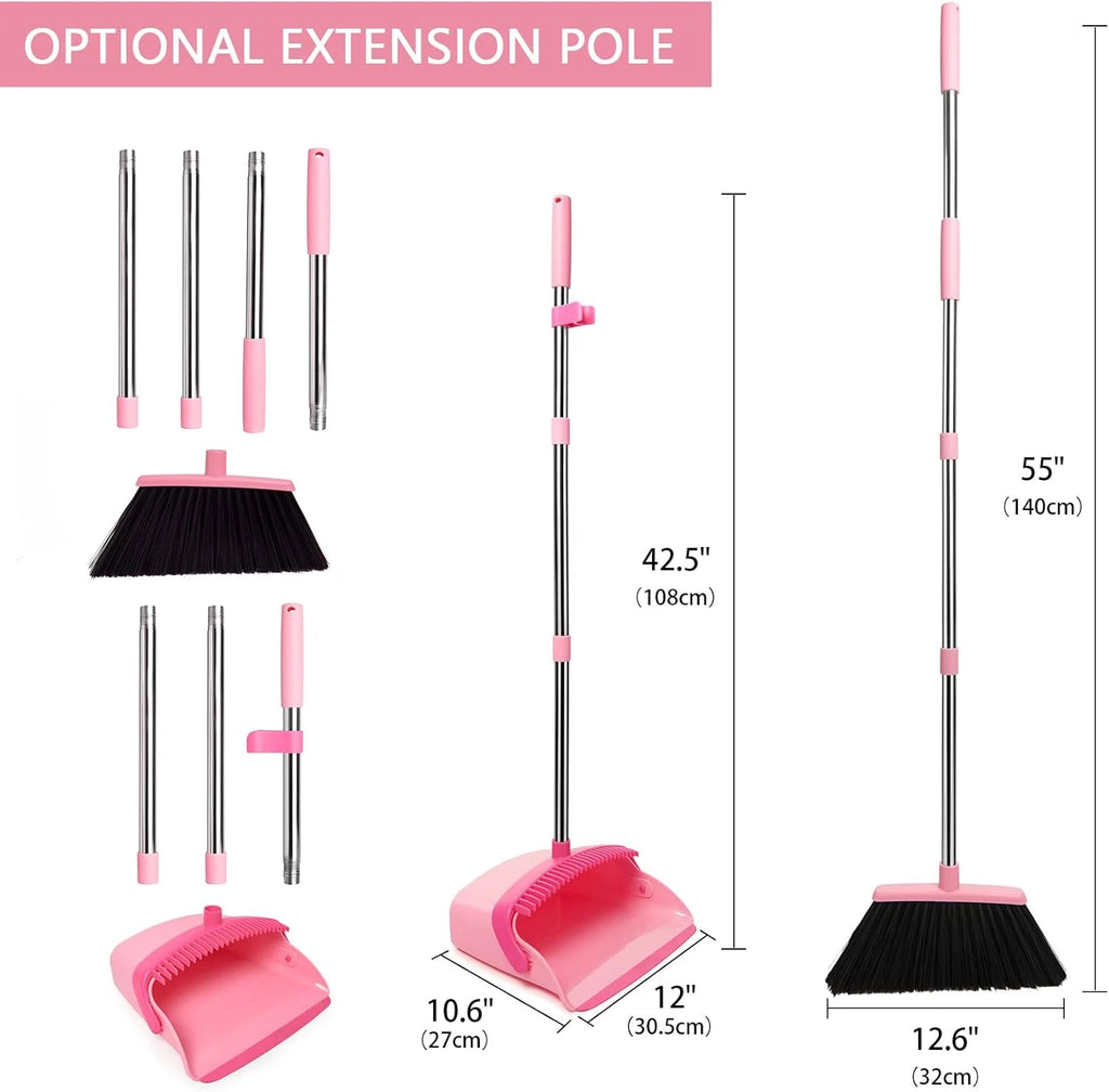 Pink Broom & Dustpan Set – Long Handle Heavy Duty Combo for Home & Office