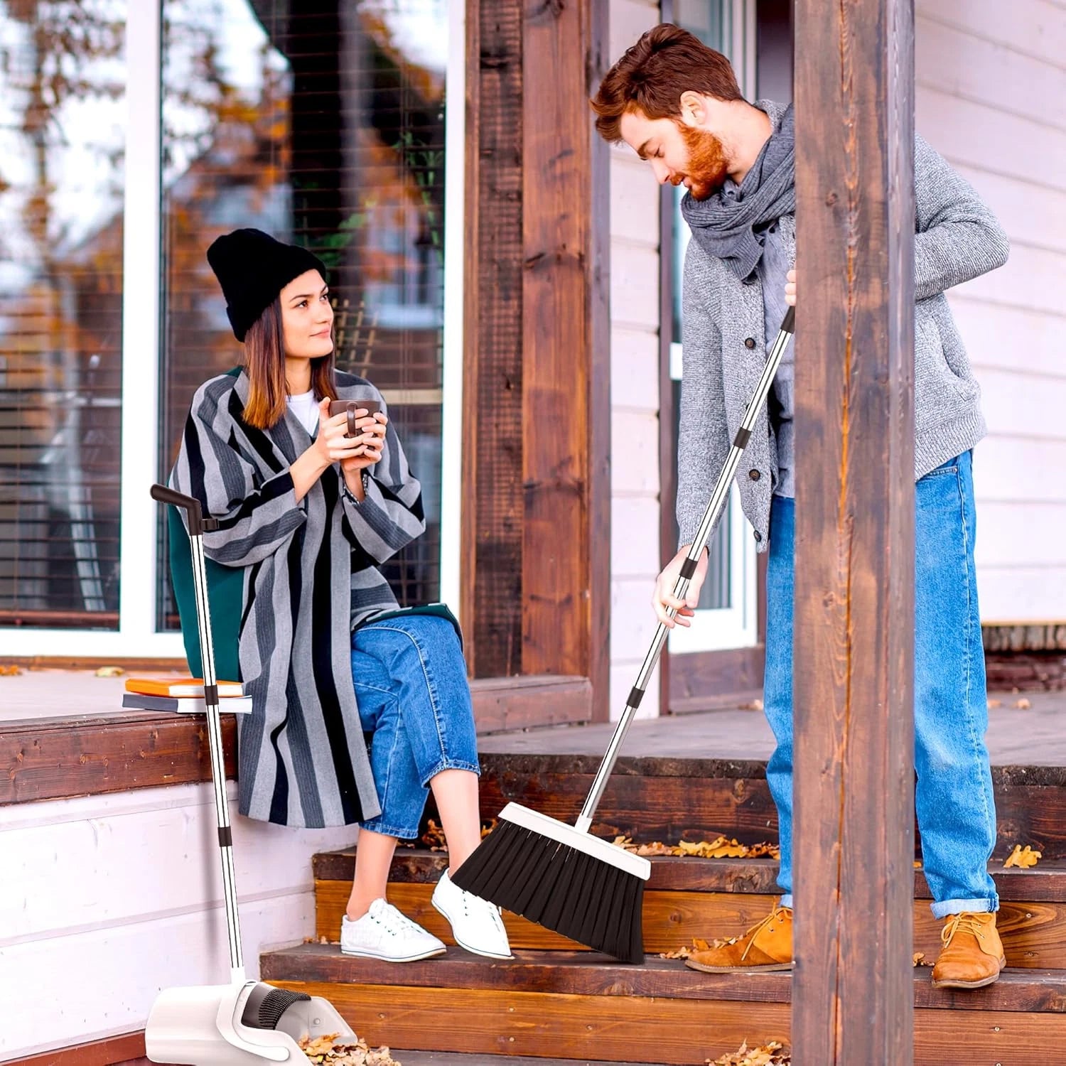 Broom and Dustpan Set - Adjustable Handle, Upright Standing, Lightweight and Rob