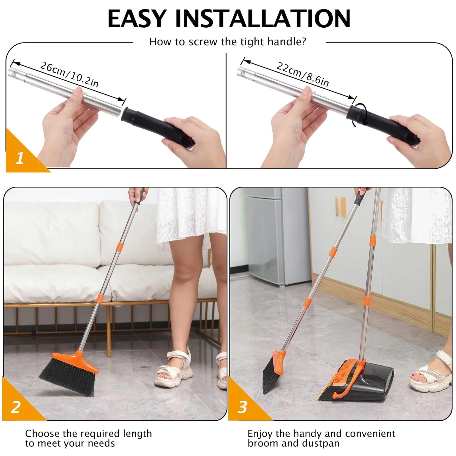 Broom and Dustpan Set with Long Handle Stainless Steel Poles Black/Orange