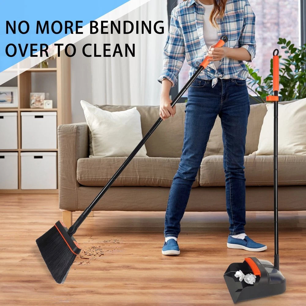 54 Inches Long Handle Broom and Dustpan Set for Home (Black Orange)
