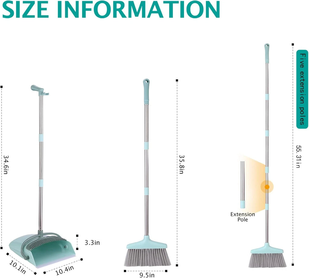 XXXFLOWER Broom and Dustpan Set with Cleaning Teeth, 55" Long Handle Indoor Swee