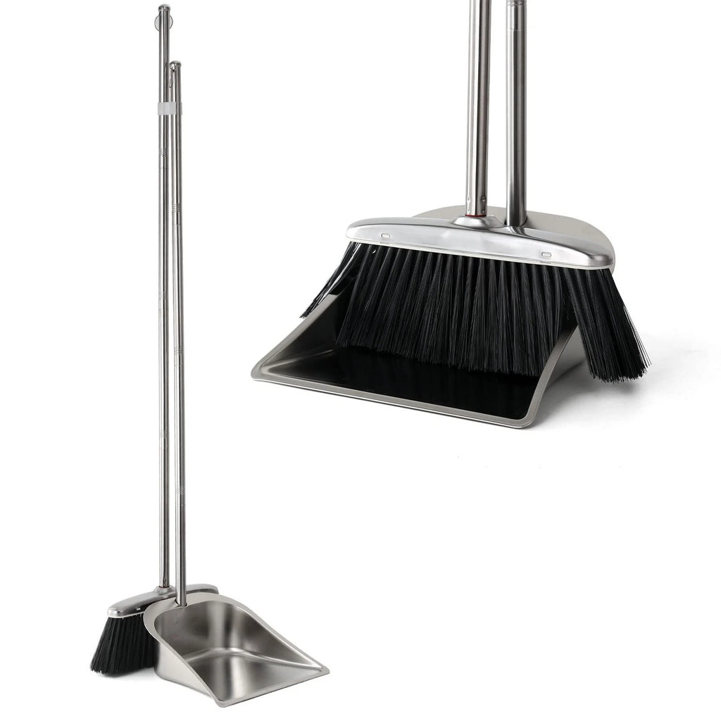 Heavy Duty Stainless Steel Broom and Dustpan Set with Long Handle