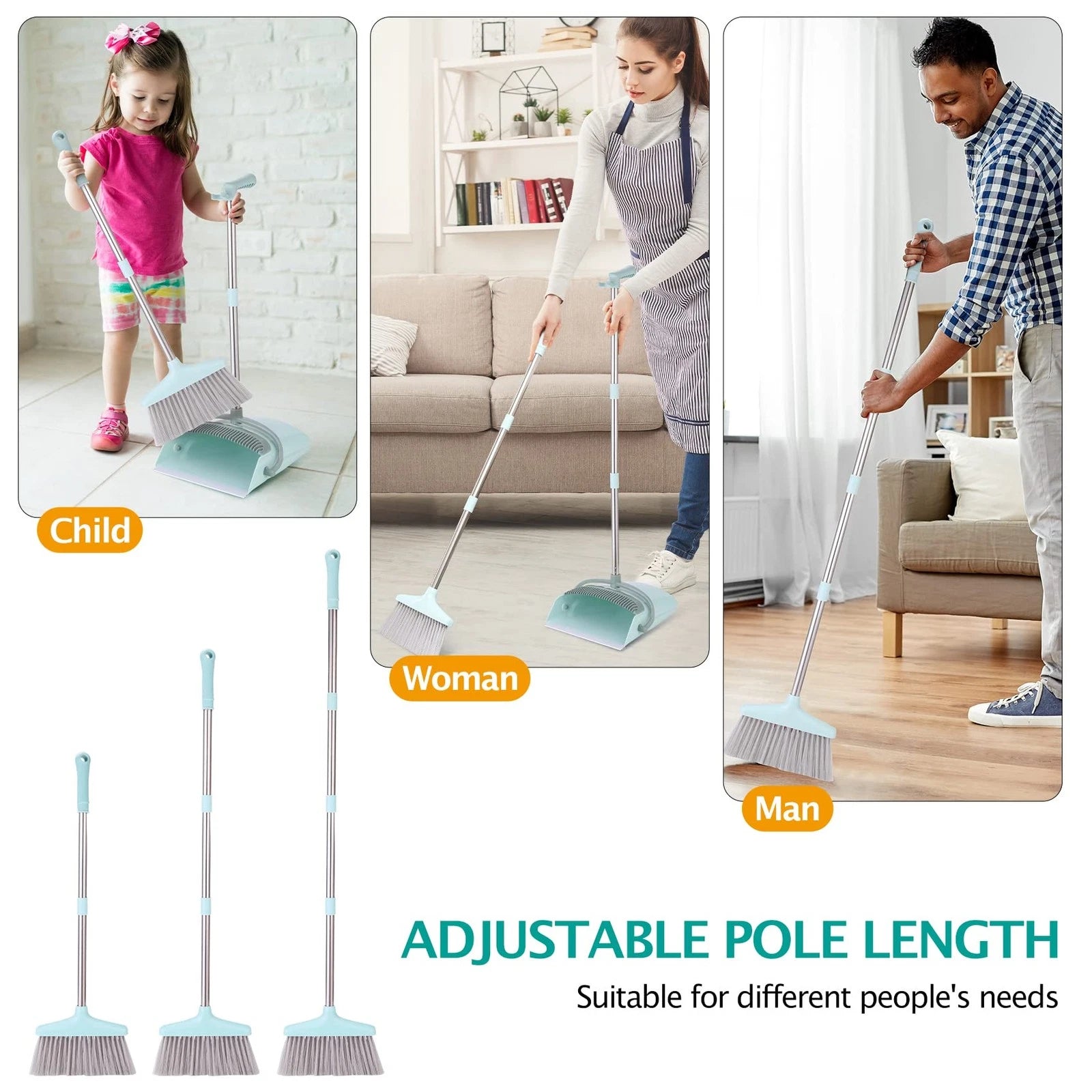 XXXFLOWER Broom and Dustpan Set with Cleaning Teeth, 55" Long Handle Indoor S...