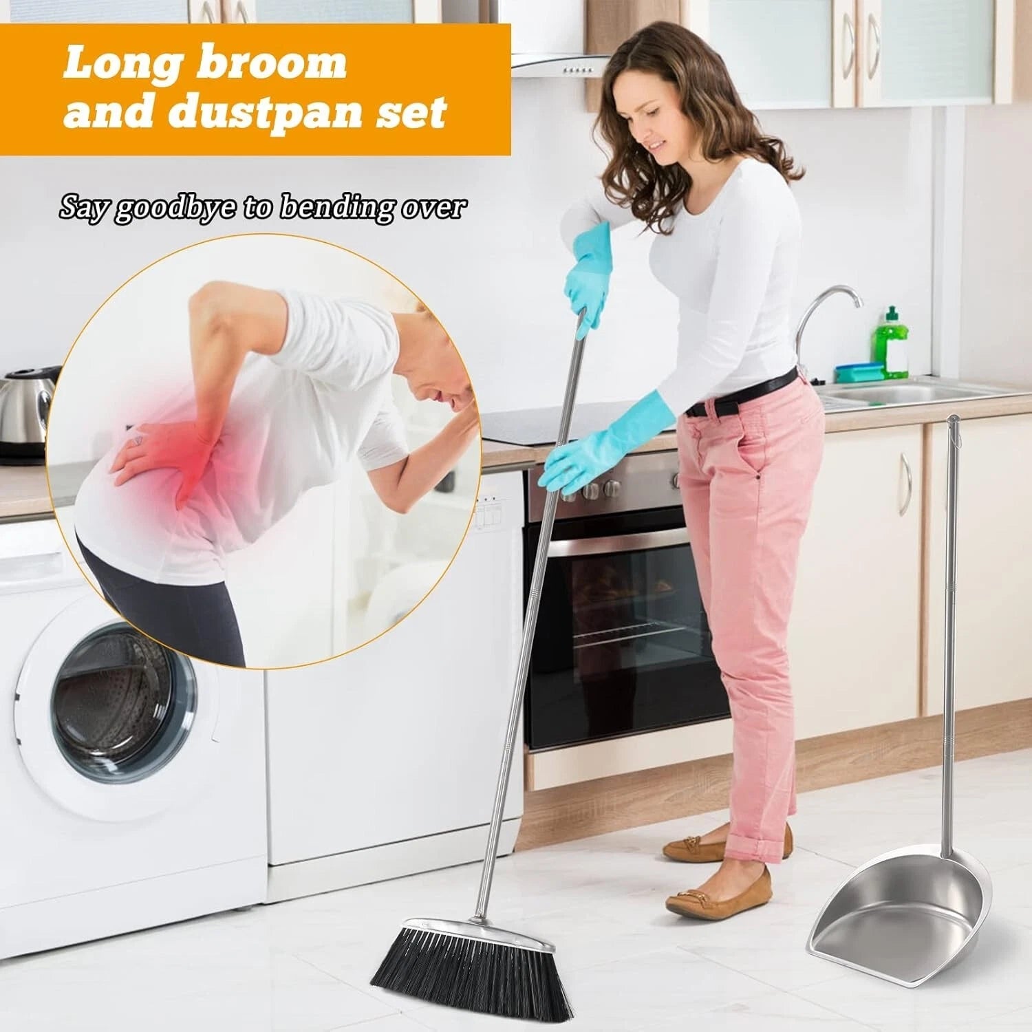 Broom And Dustpan Set For Home Upright Broom And Dust Pan With Long Handle Heavy