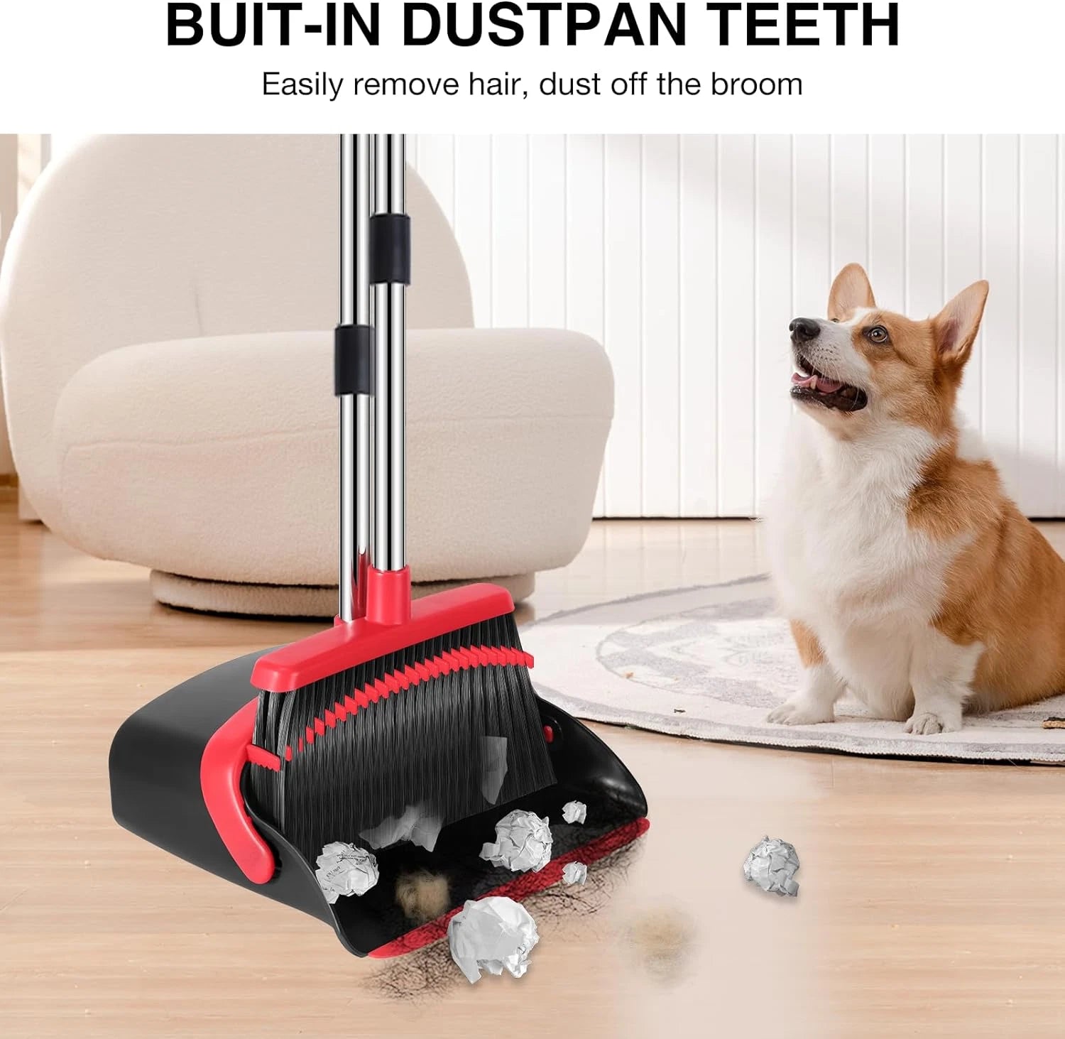 52 Inch Broom and Dustpan Set Adjustable Handle Dustpan Teeth Hair Cleaner
