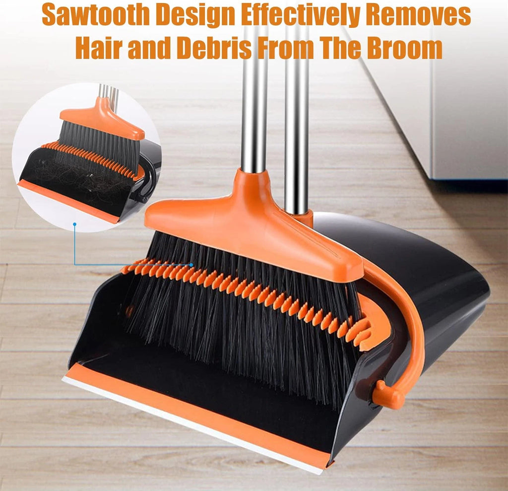 Broom and Dustpan Set with Long Handle, Windproof Stand up Dustpan with Broom Co