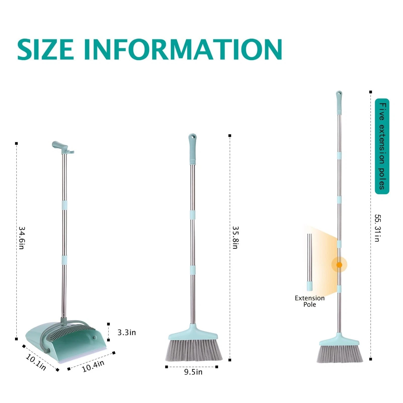 Broom and Dustpan Set with Cleaning Teeth, 55" Long Handle Indoor Sweeping Co...