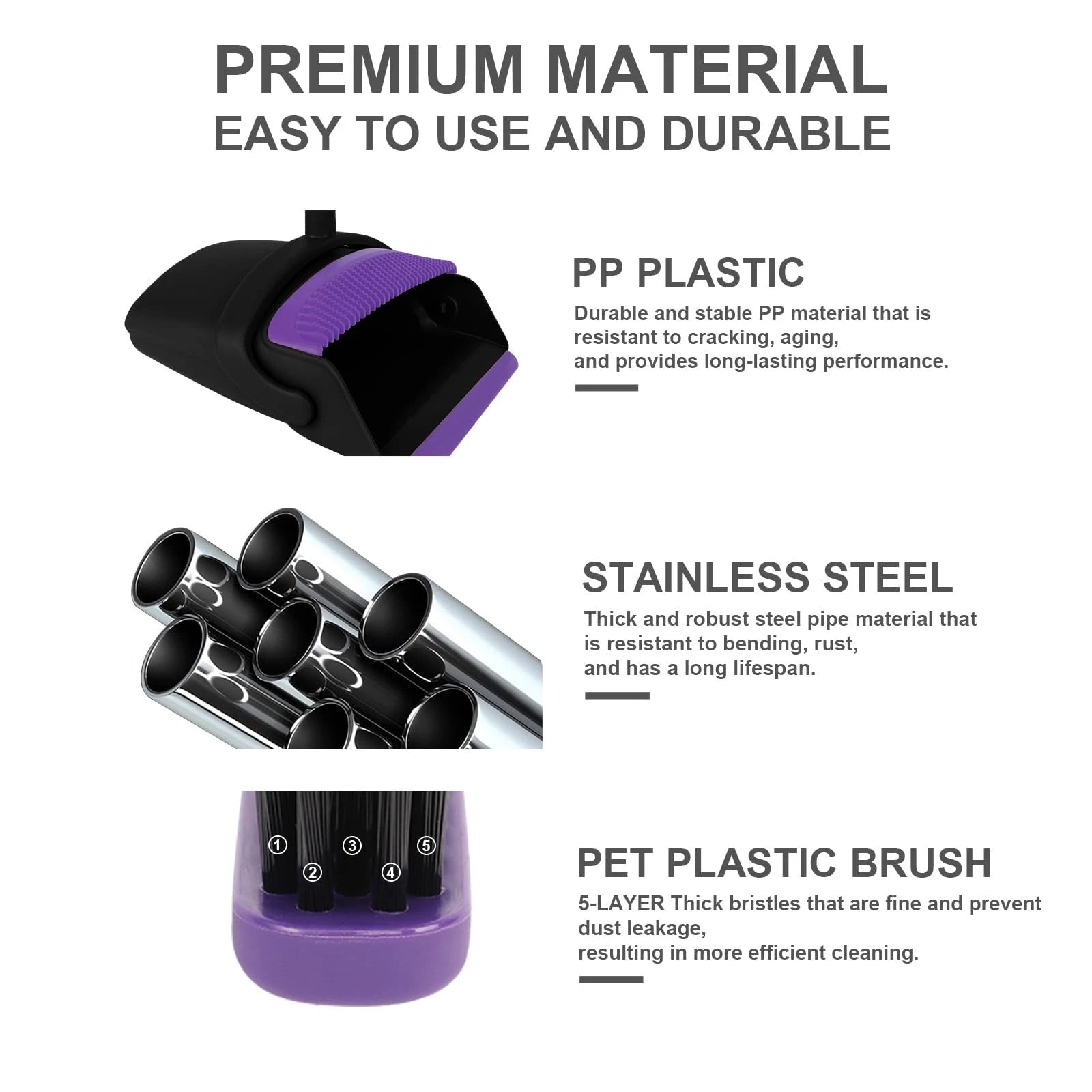 Broom and Dustpan Set, Upright Purple Broom with Dustpan Combo Set 51" Long H...