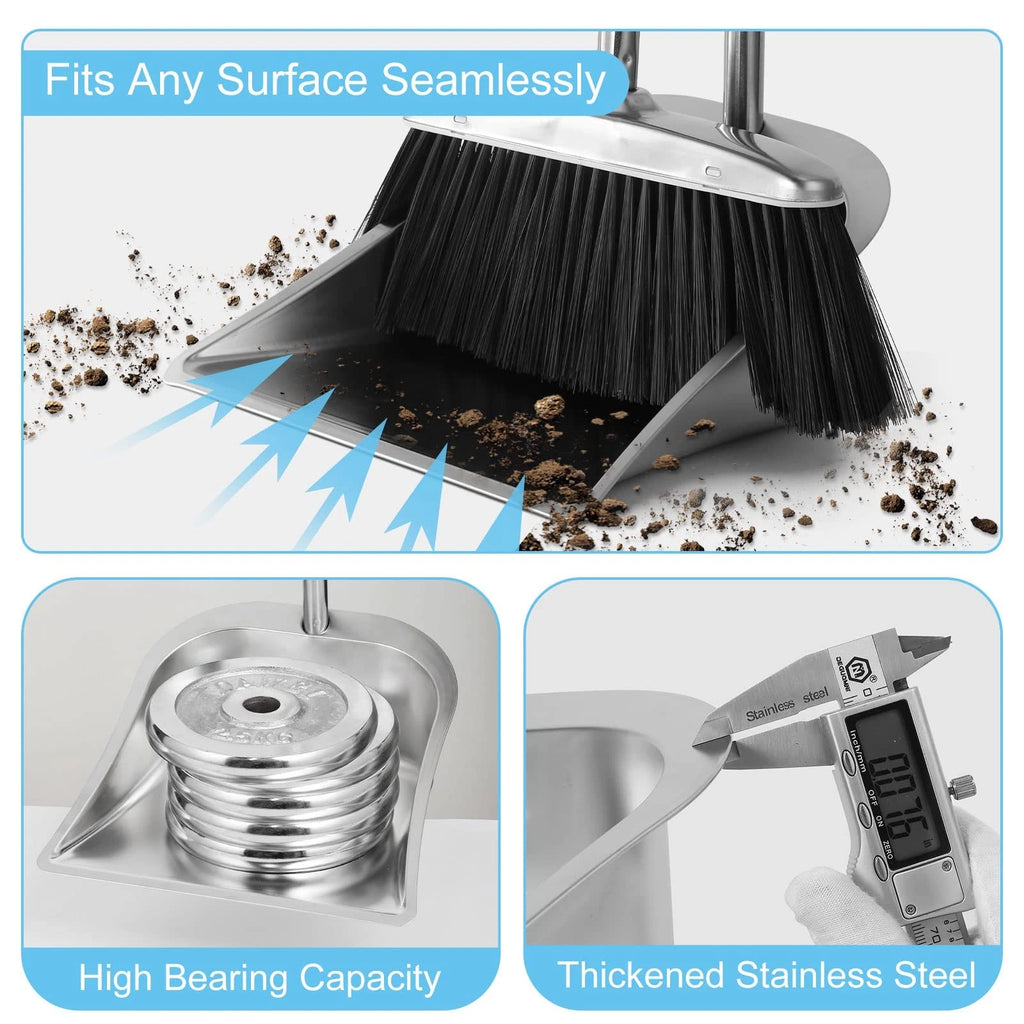 Heavy Duty Stainless Steel Broom and Dustpan Set with Long Handle